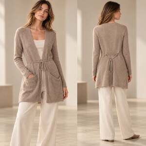 Kenar 100% Cashmere Cardigan Womens S Taupe Longline Belted Pocket Sweater